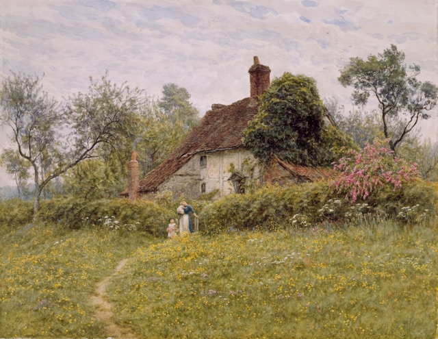 Old Cottages at Pinner, by Helen Allingham - cottage house and people in the lane