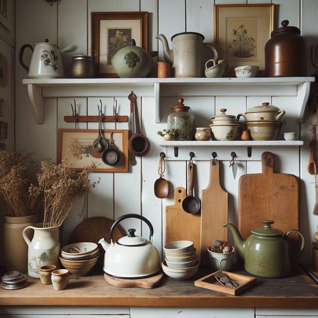 kitchen shelves wooden boards, pictures frames